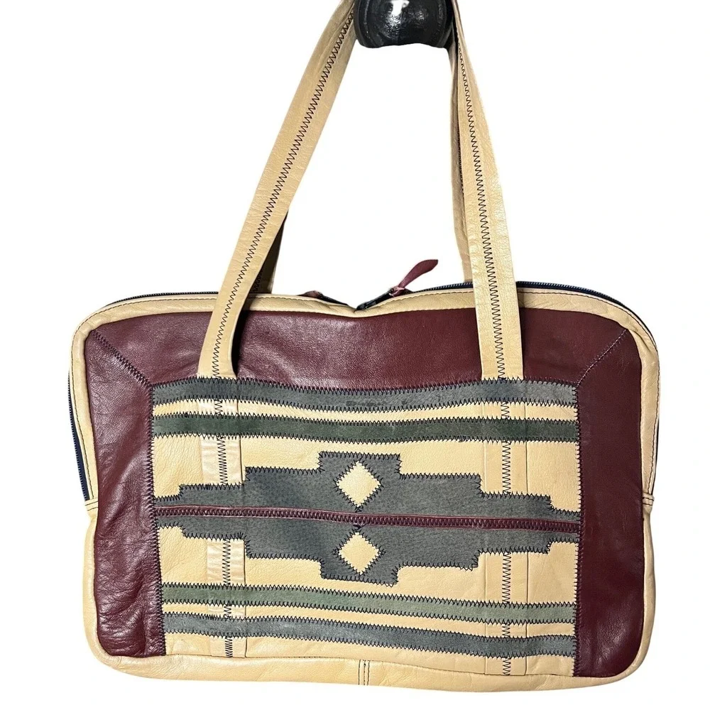 Vtg Patchwork Leather Carnit Israel Briefcase Bag Tote Kilim Southwest inspired
